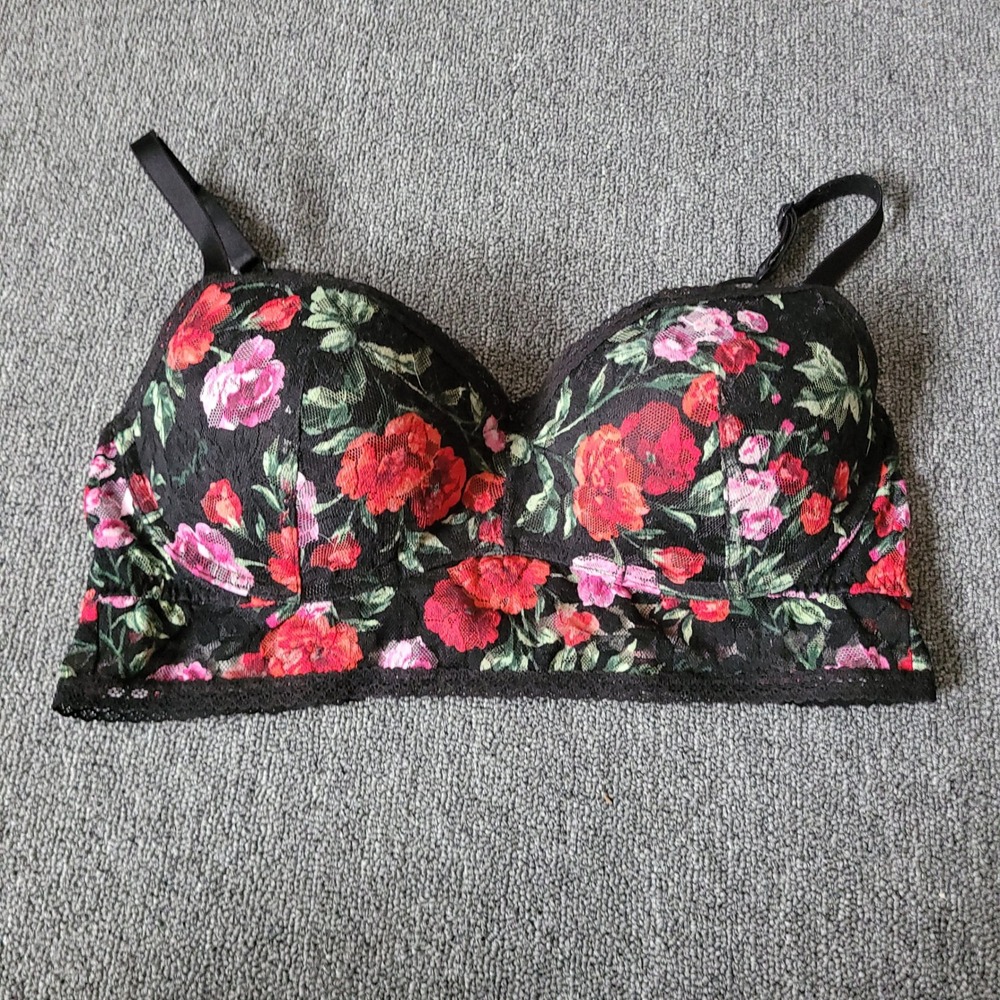 PINK Victoria's Secret Black Floral Lace Bralette with Red & Pink Embroidery - Picture 5 of 13